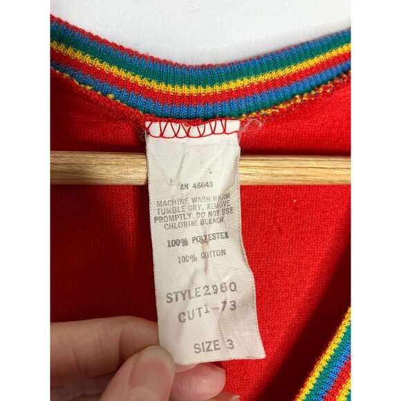 Vintage 70s Red Terry Cloth Dress Rainbow Trim Pocket Elastic Waist Womens XS - Picture 7 of 10